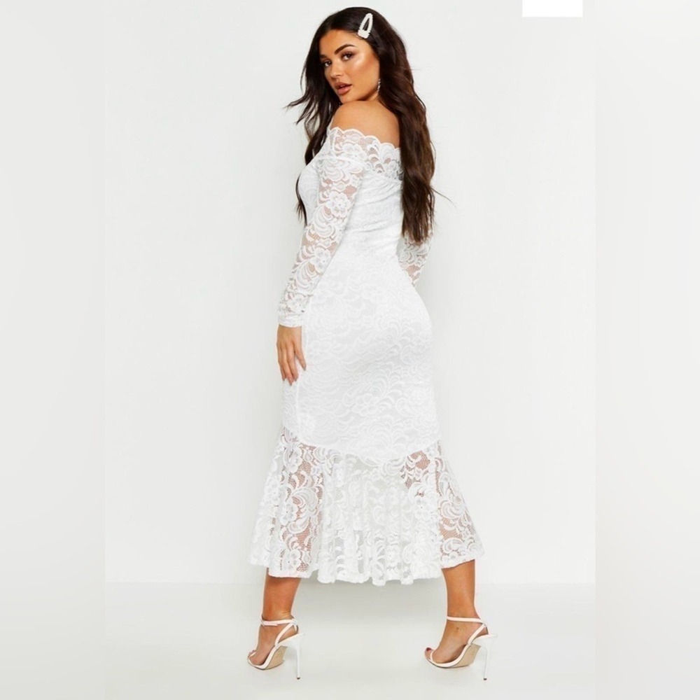 NWT Boohoo Cream Off the Shoulder Lace Fishtail Midi Dress Size 4